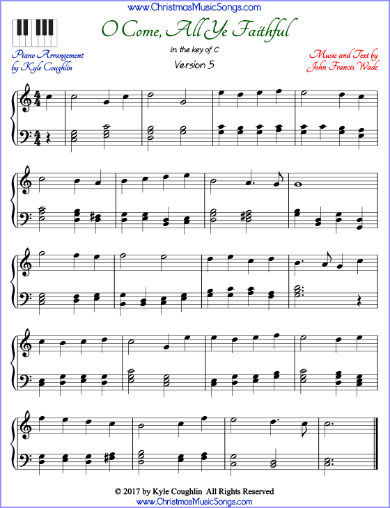 O Come, All Ye Faithful advanced piano sheet music. Free printable PDF at www.ChristmasMusicSongs.com
