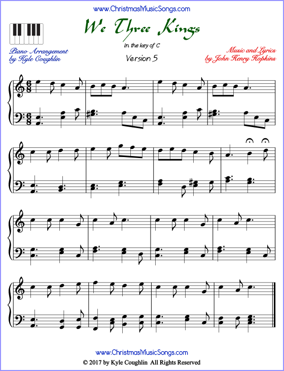 We Three Kings advanced piano sheet music. Free printable PDF at www.ChristmasMusicSongs.com