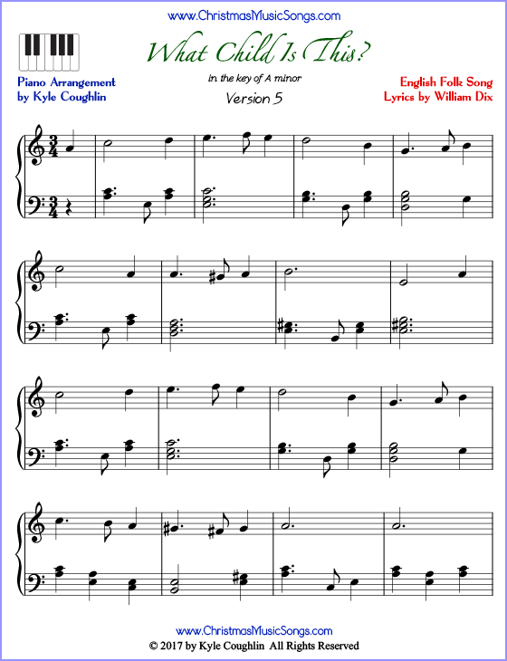 What Child Is This advanced piano sheet music. Free printable PDF at www.ChristmasMusicSongs.com