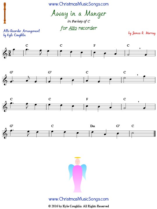 Away in a Manger for alto recorder, free printable PDF sheet music in the key of C. Version composed by James R. Murray.
