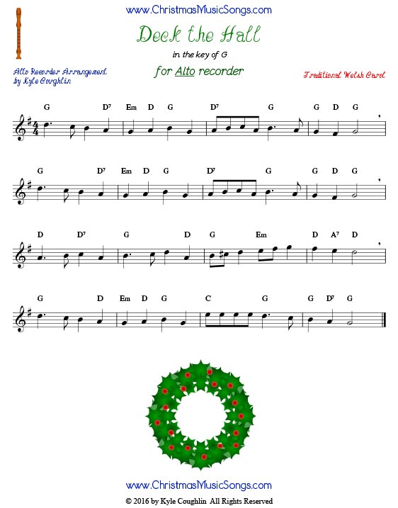 Christmas carol Deck the Halls sheet music for alto recorder, in the key of G.