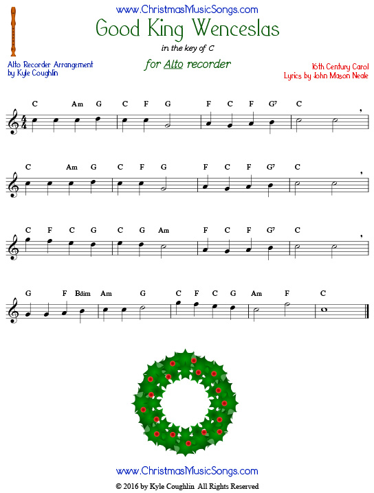 Good King Wenceslas for alto recorder in the key of C.