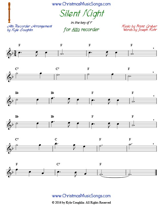 Silent Night for alto recorder in the key of F.