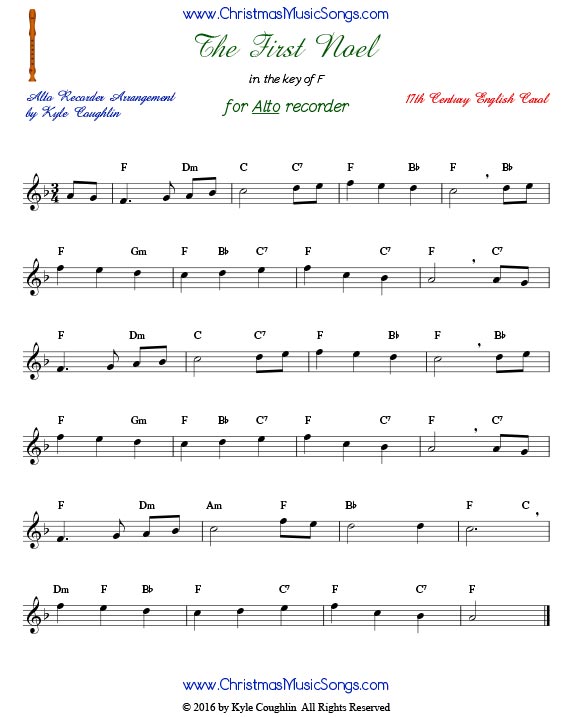 The Christmas carol The First Noel for alto recorder in the key of F.