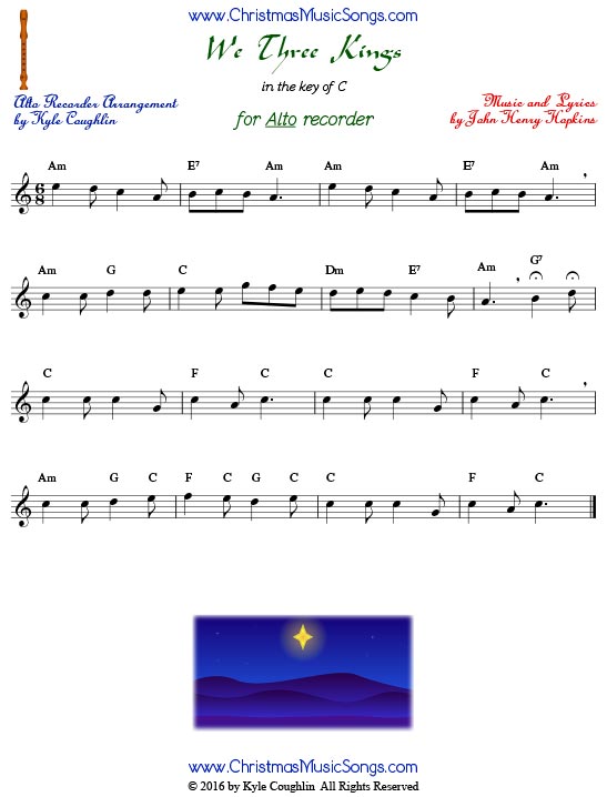 We Three Kings for alto recorder in the key of C.