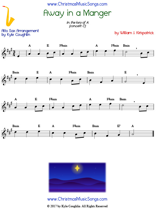 Away in a Manger alto saxophone sheet music by William J. Kirkpatrick, arranged to play along with other wind, brass, and string instruments.
