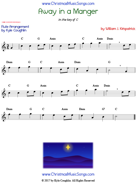 Away in a Manger flute sheet music by William J. Kirkpatrick, arranged to play along with other wind, brass, and string instruments.
