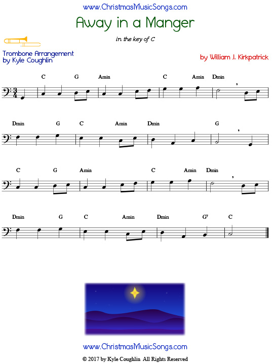 Away in a Manger trombone sheet music by William J. Kirkpatrick, arranged to play along with other wind, brass, and string instruments.