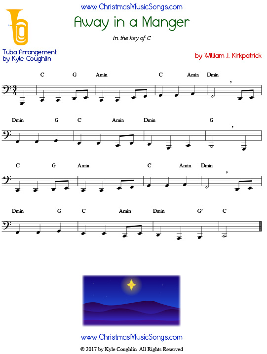 Away in a Manger tuba sheet music by William J. Kirkpatrick, arranged to play along with other wind, brass, and string instruments.