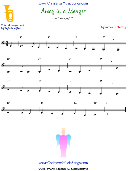 Away in a Manger tuba sheet music by James R. Murray, arranged to play along with other wind, brass, and string instruments.