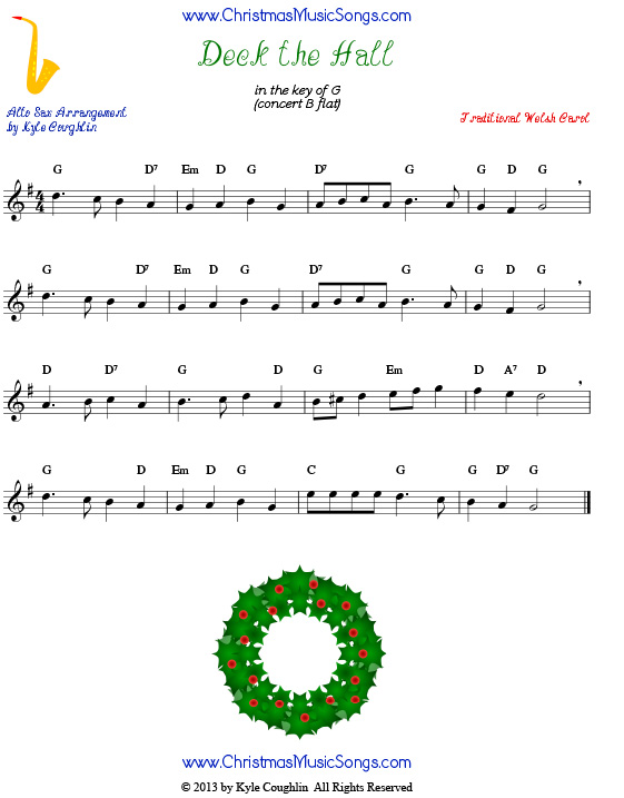 Deck the Halls sheet music for alto saxophone.