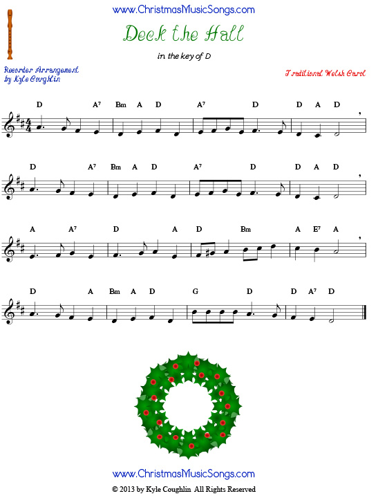 Deck the Halls sheet music for recorder.