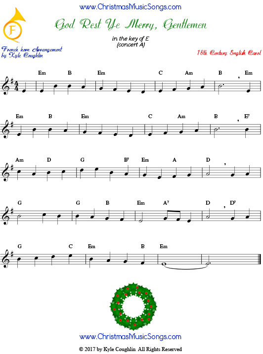 God Rest Ye Merry, Gentlemen French horn sheet music, arranged to play along with other wind, brass, and string instruments.