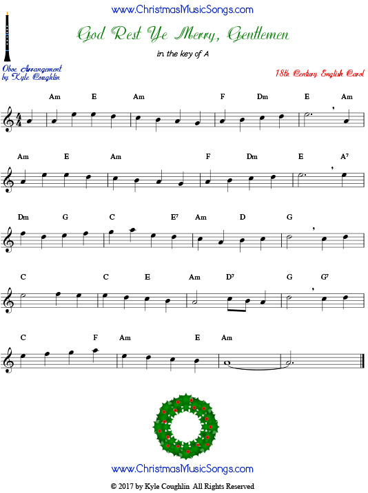 God Rest Ye Merry, Gentlemen oboe sheet music, arranged to play along with other wind, brass, and string instruments.
