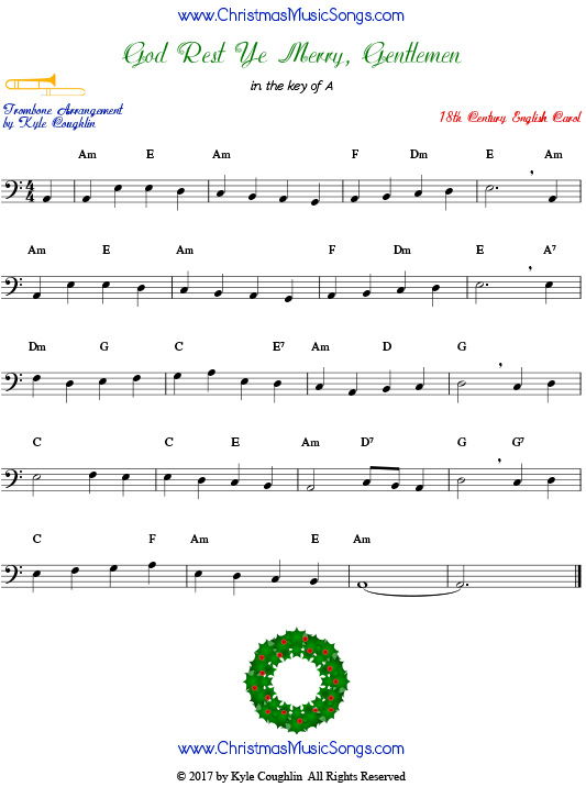 God Rest Ye Merry, Gentlemen trombone sheet music, arranged to play along with other wind, brass, and string instruments.