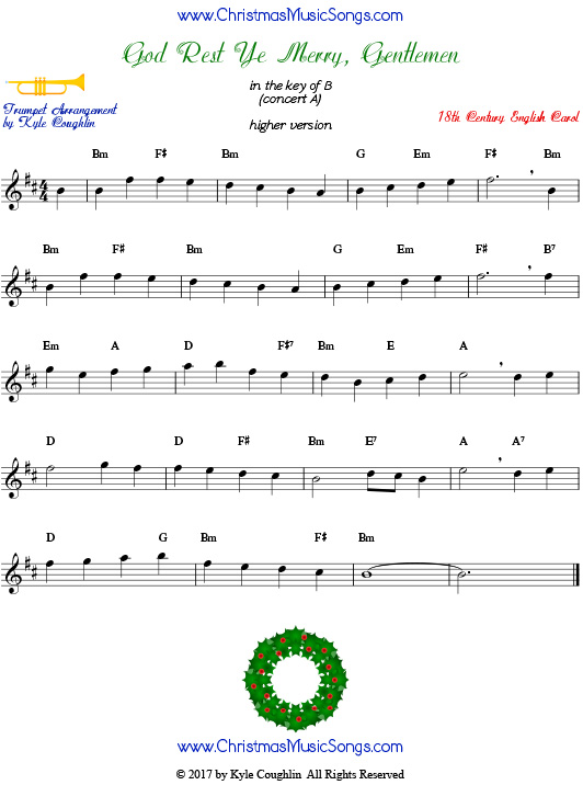 Higher version of God Rest Ye Merry, Gentlemen trumpet sheet music, arranged to play along with other wind, brass, and string instruments.