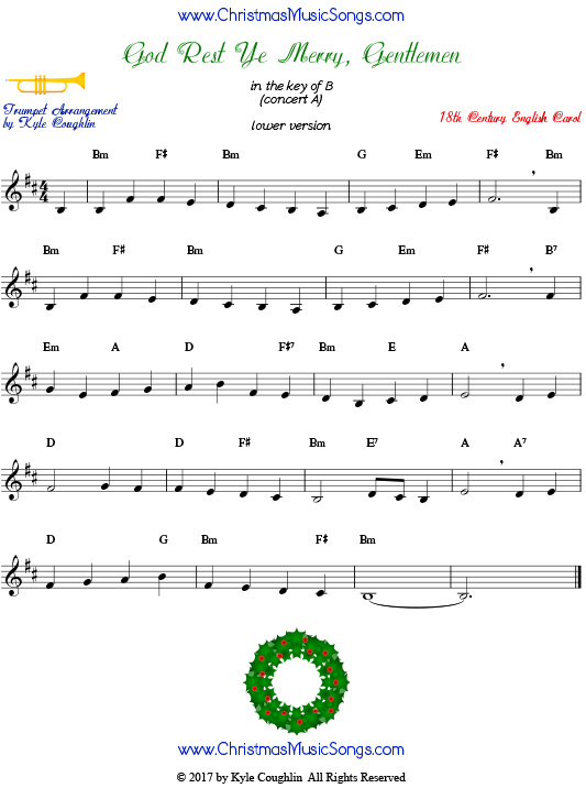 Lower version of God Rest Ye Merry, Gentlemen trumpet sheet music, arranged to play along with other wind, brass, and strings.