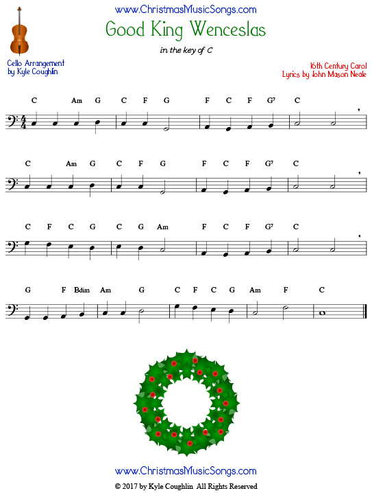 Good King Wenceslas for cello, arranged to play along with strings, woodwinds, and brass.