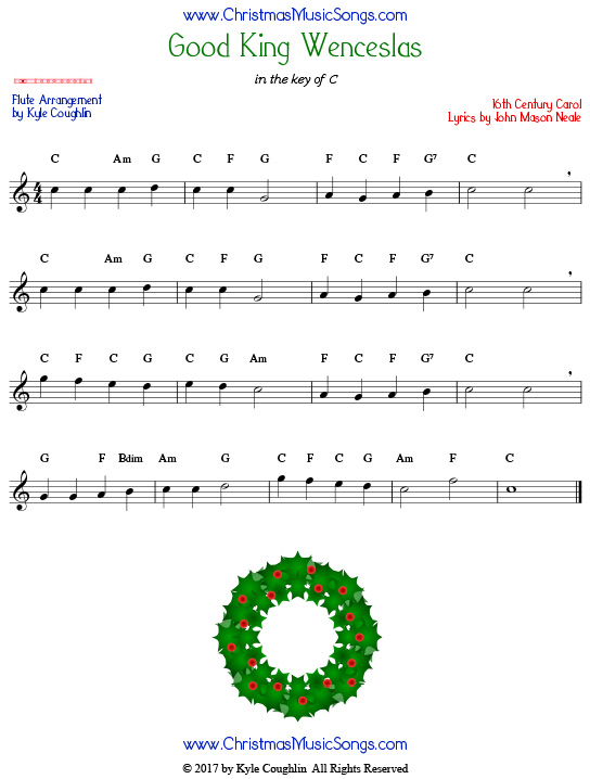 Good King Wenceslas flute sheet music, arranged to play along with other wind, brass, and string instruments.