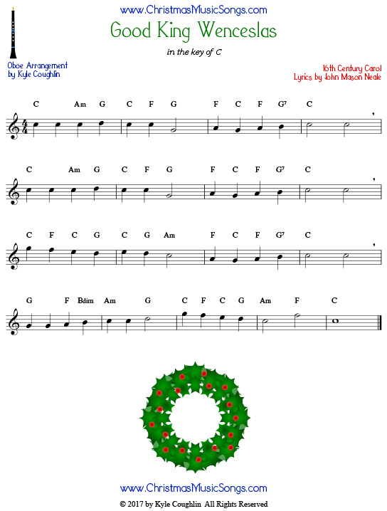 Good King Wenceslas oboe sheet music, arranged to play along with other wind, brass, and string instruments.