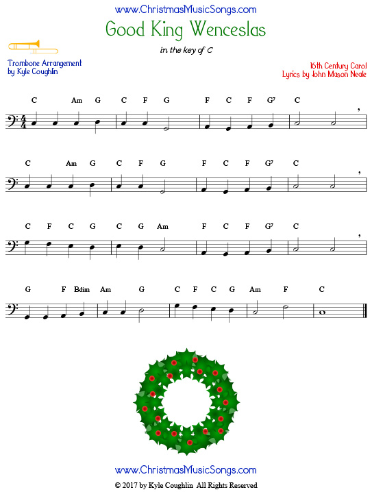 Good King Wenceslas trombone sheet music, arranged to play along with other wind, brass, and string instruments.