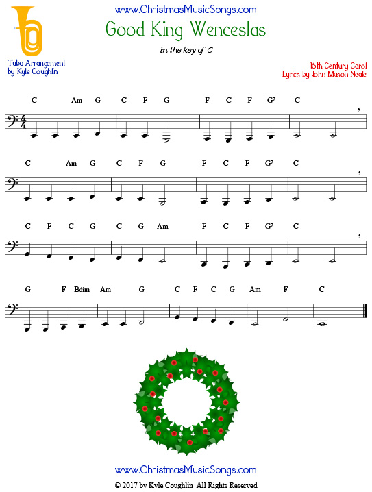 Good King Wenceslas tuba sheet music, arranged to play along with other wind, brass, and string instruments.