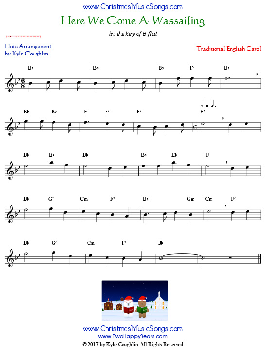 Here We Come A-Wassailing flute sheet music, arranged to play along with other wind and brass instruments.