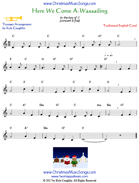 Here We Come A-Wassailing trumpet sheet music, arranged to play along with other wind and brass instruments.
