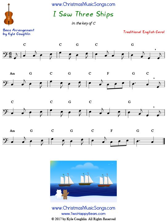 I Saw Three Ships for bass, arranged to play along with strings, woodwinds, and brass.