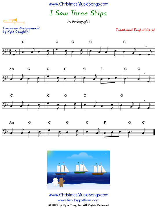 I Saw Three Ships trombone sheet music, arranged to play along with other wind, brass, and string instruments.