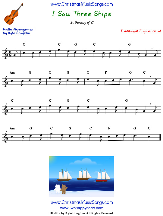 I Saw Three Ships for violin, arranged to play along with strings, woodwinds, and brass.