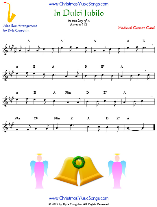 In Dulci Jubilo alto saxophone sheet music, arranged to play along with other wind, brass, and string instruments.