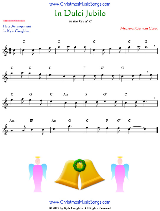 In Dulci Jubilo flute sheet music, arranged to play along with other wind, brass, and string instruments.