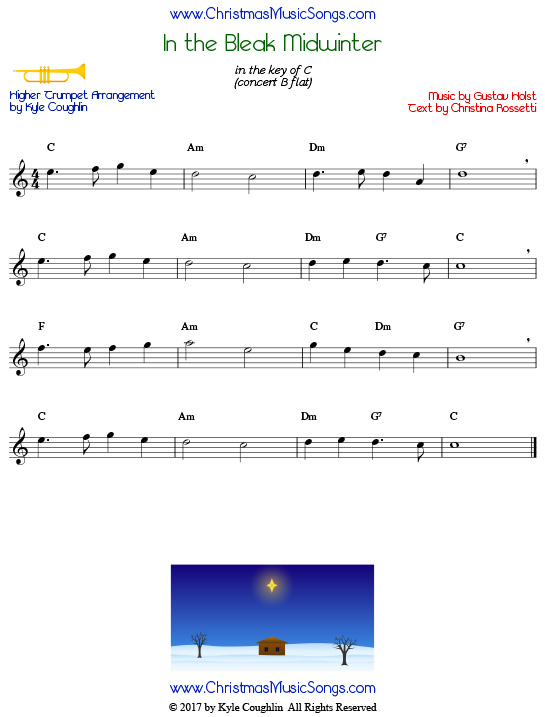 In the Bleak Midwinter trumpet sheet music in a higher range, arranged to play along with other wind and brass instruments.