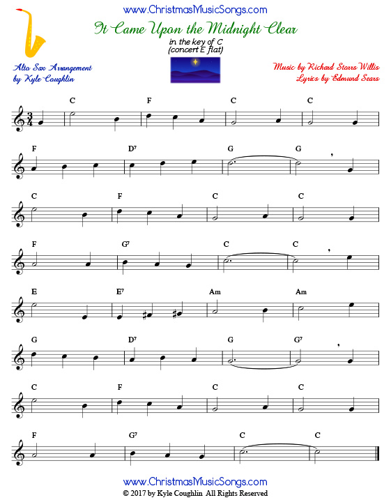 It Came Upon a Midnight Clear alto saxophone sheet music, arranged to play along with other wind and brass instruments.