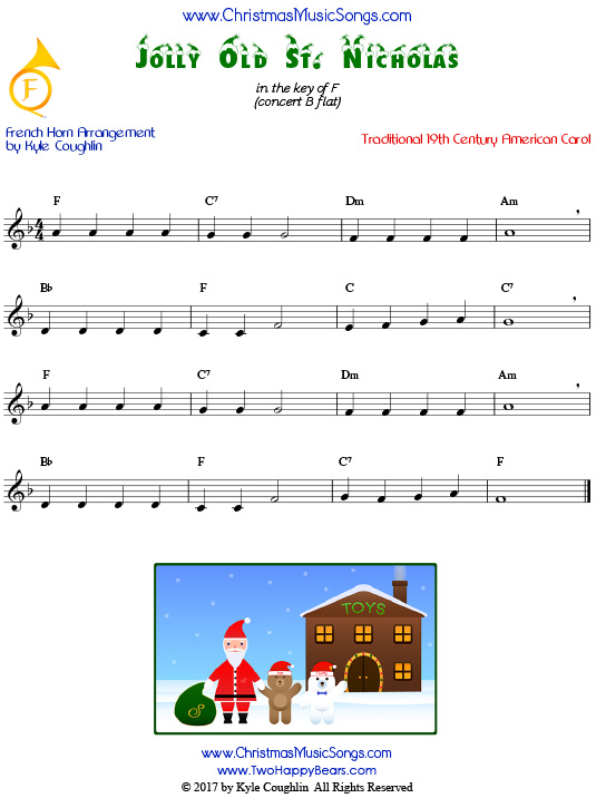 Jolly Old St. Nicholas French horn sheet music, arranged to play along with other wind, brass, and string instruments.