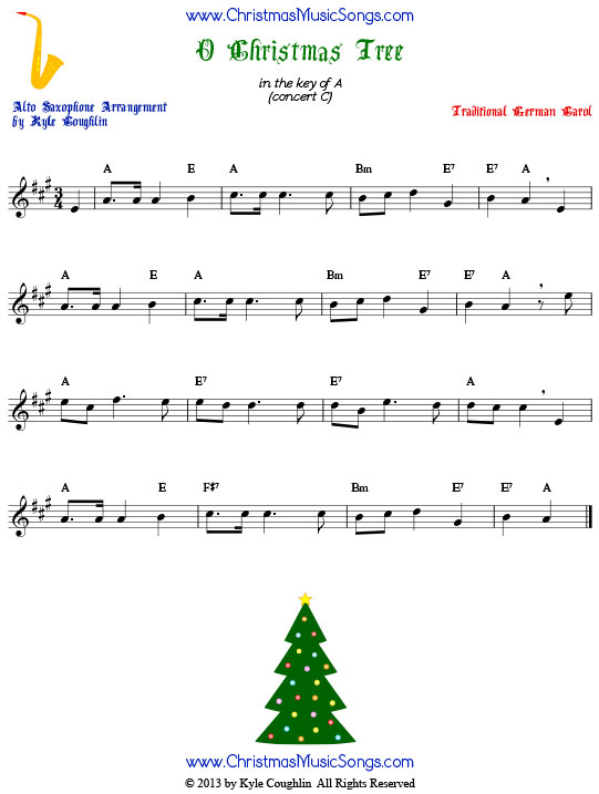 O Christmas Tree alto saxophone sheet music, arranged to play along with other wind, brass, and string instruments.