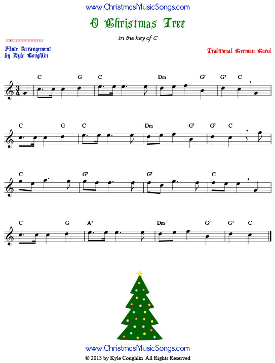 O Christmas Tree flute sheet music, arranged to play along with other wind, brass, and string instruments.
