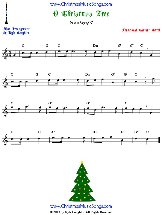 O Christmas Tree oboe sheet music, arranged to play along with other wind, brass, and string instruments.