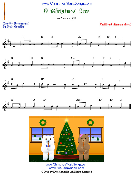 The Christmas carol O Christmas Tree for recorder in the key of G.