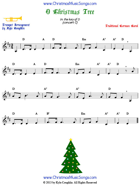 O Christmas Tree trumpet sheet music, arranged to play along with other wind, brass, and string instruments.