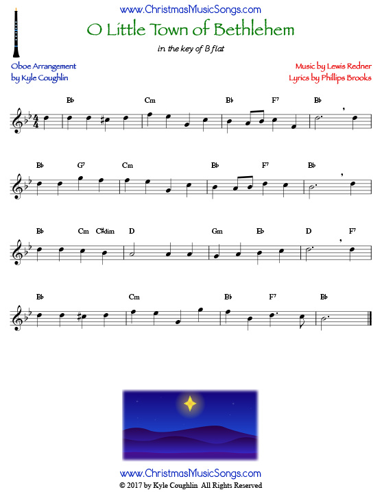 O Little Town of Bethlehem oboe sheet music, arranged to play along with other wind and brass instruments.