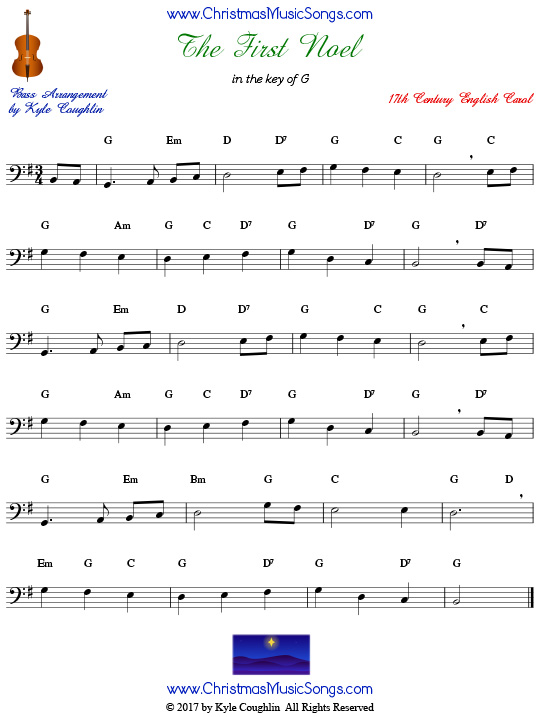 The First Noel for bass, arranged to play along with strings, woodwinds, and brass.