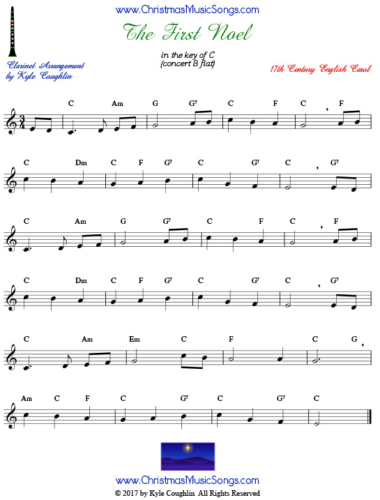 The First Noel clarinet sheet music, arranged to play along with other wind, brass, and string instruments.
