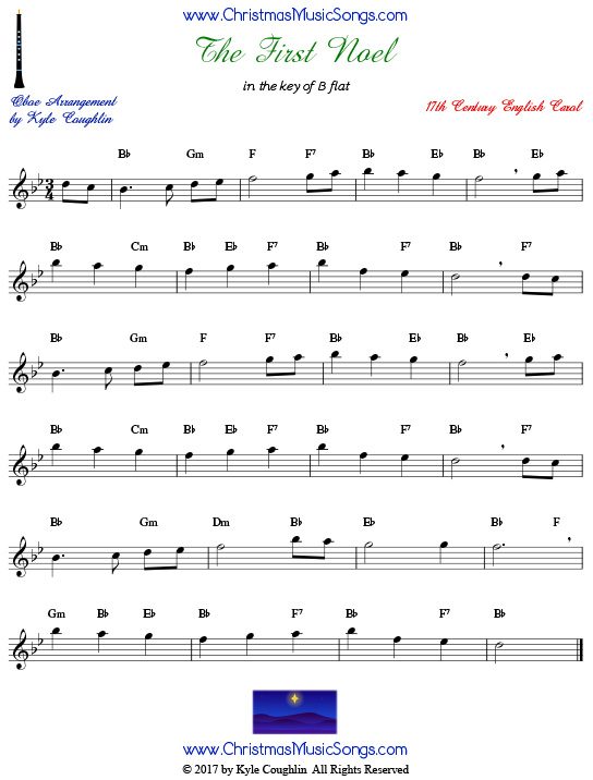 The First Noel oboe sheet music, arranged to play along with other wind, brass, and string instruments.