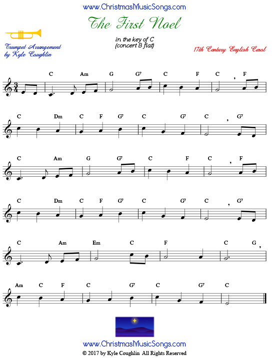 The First Noel trumpet sheet music, arranged to play along with other wind, brass, and string instruments.