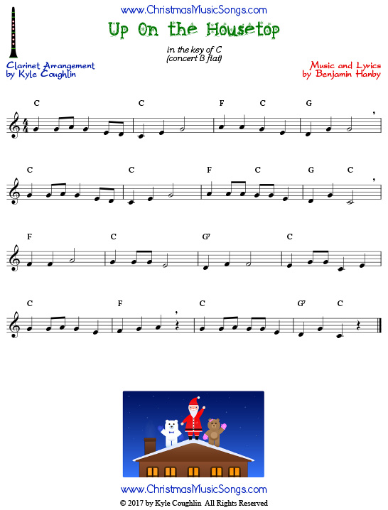Up On the Housetop clarinet sheet music, arranged to play along with other wind and brass instruments.