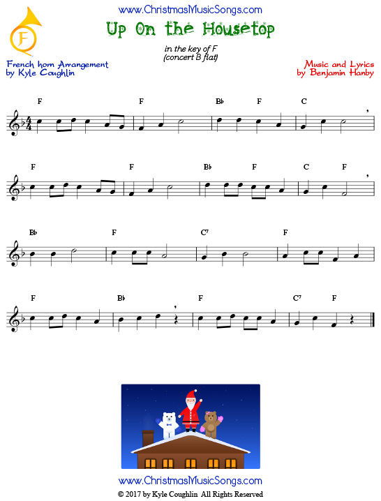 Up On the Housetop French horn sheet music, arranged to play along with other wind and brass instruments.