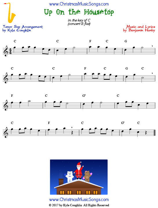 Up On the Housetop tenor saxophone sheet music, arranged to play along with other wind and brass instruments.