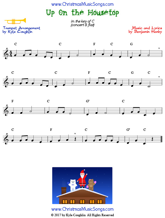 Up On the Housetop trumpet sheet music, arranged to play along with other wind and brass instruments.